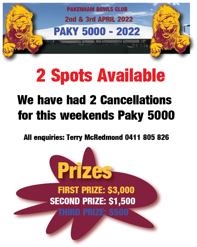 Paky 5000, 2 spots available, we have had 2 cancellations for this weekends Paky 5000. All enquiries to Terry McRedmond 0411805826