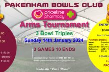 Priceline Arms Tournament - 3 Bowl Triples - Sunday 14th January 2024 contact Brian Norton on 0488 331 771 or email: pakenhambowlingclub@bigpond.com